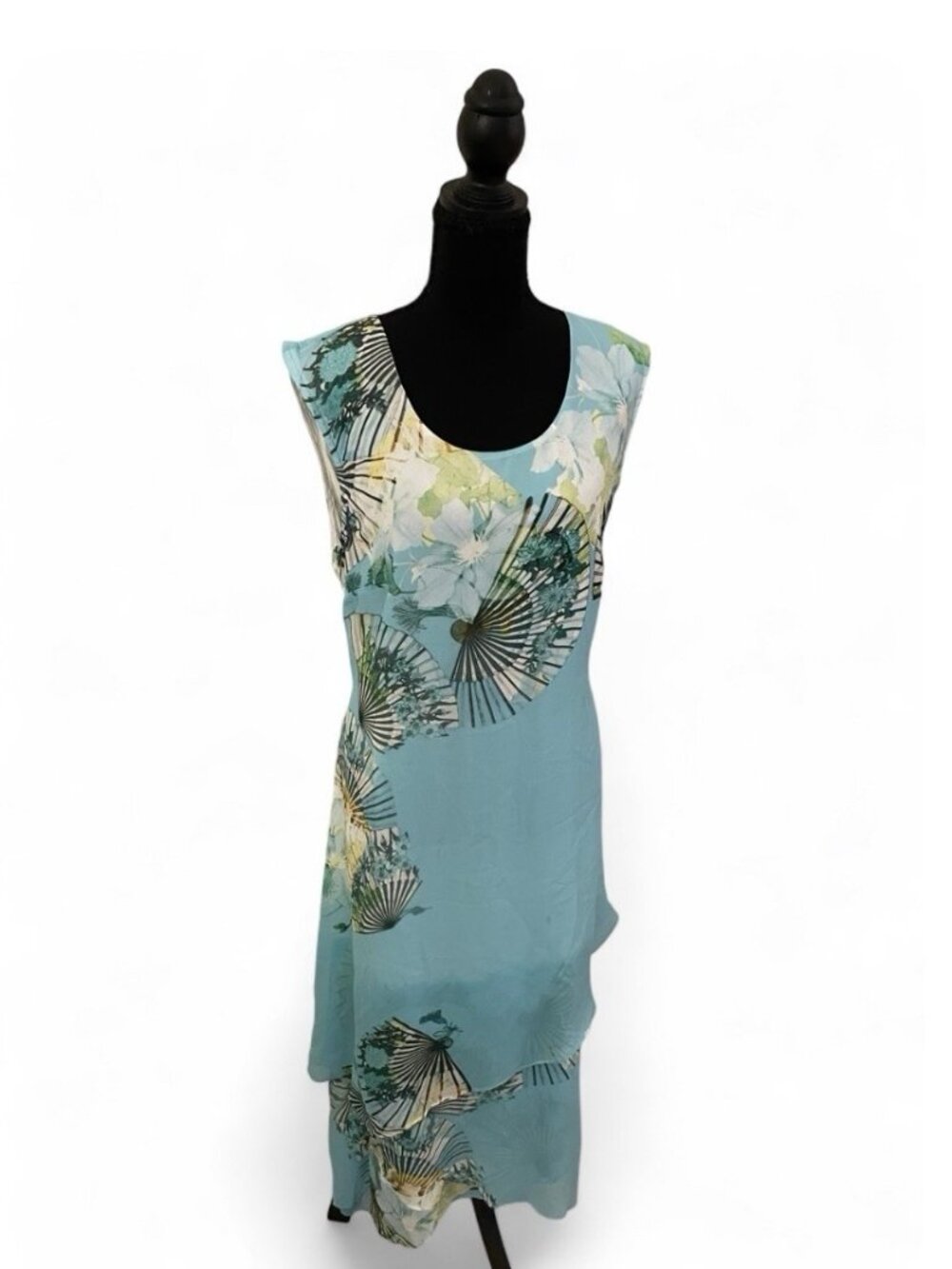 Dressori 100% Silk Dress Blue Fan Design Layered Luxury Asian-Inspired Drape, L
